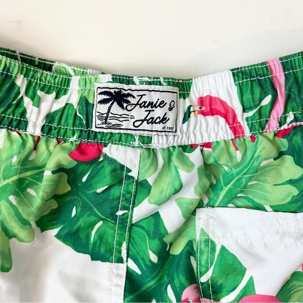 Janie and Jack Boys Green Flamingo Leaf Swim Trunks
